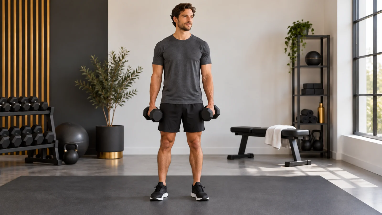 Man holding modest dumbbells while standing in a clear exercise space