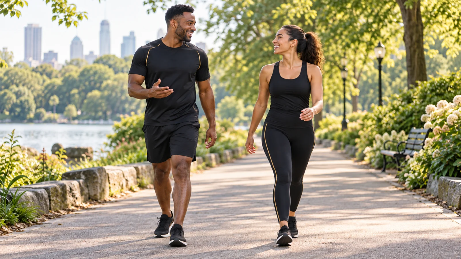 Two adults walking and talking along a park path
