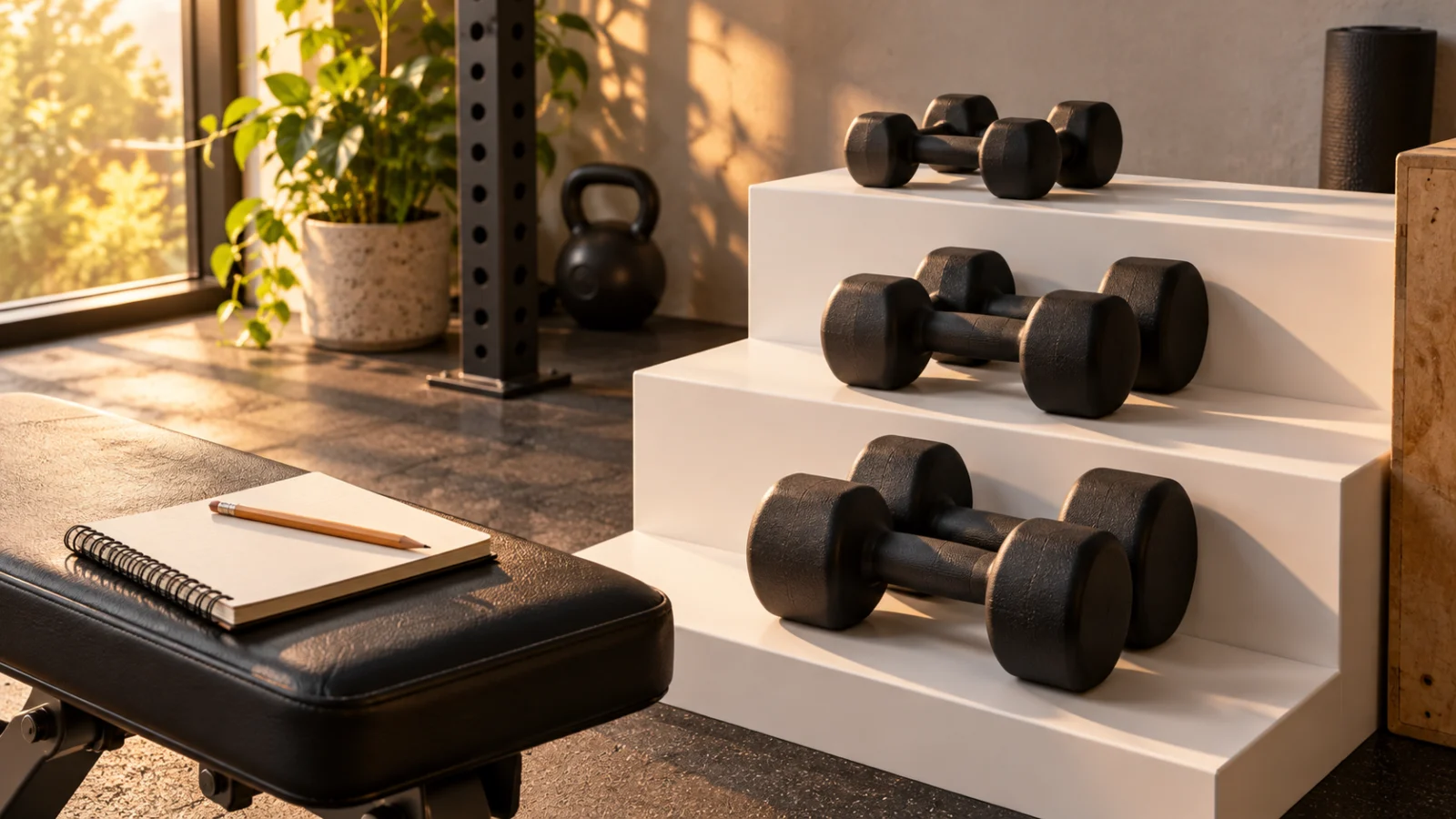 Unmarked dumbbells arranged in increasing sizes beside an open notebook