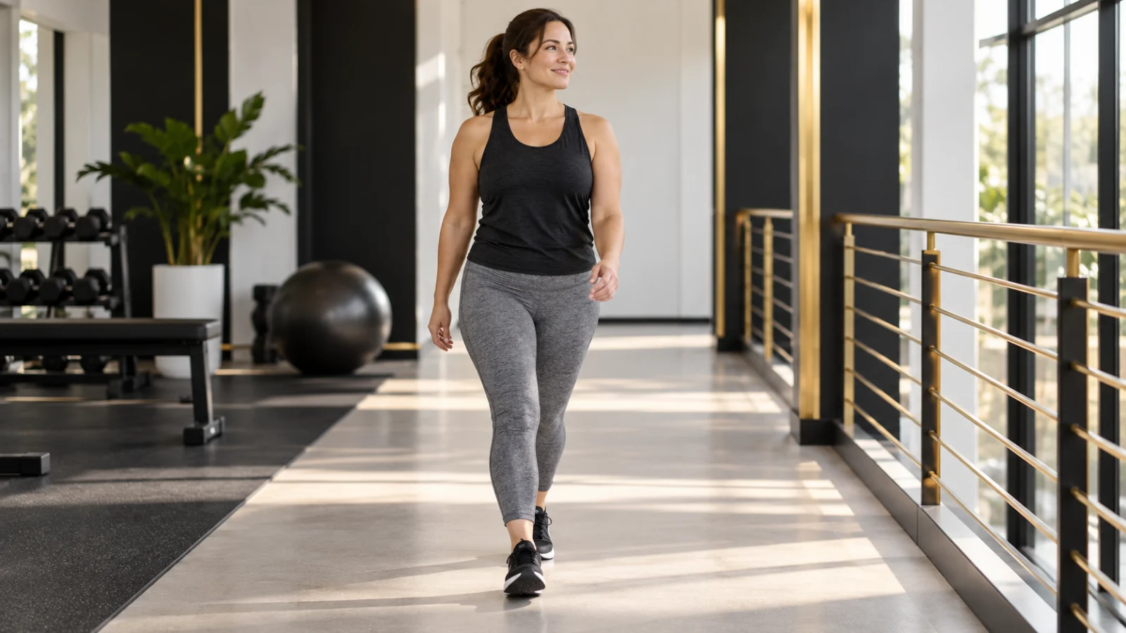 Woman walking at an easy pace in a bright home exercise area