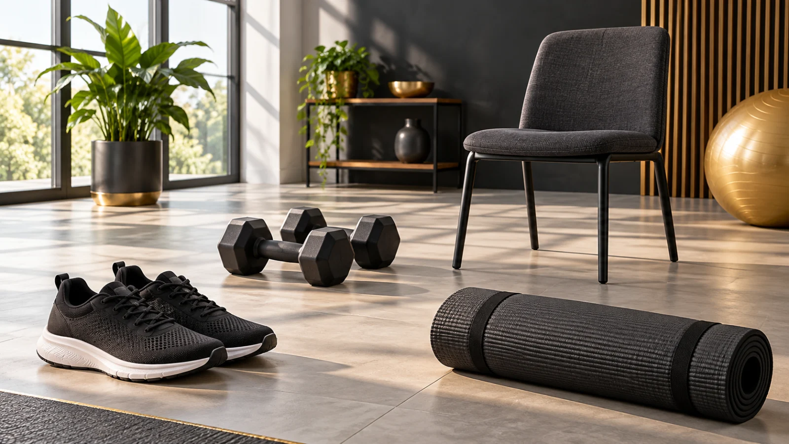 Plain shoes, dumbbells, a chair and a rolled exercise mat