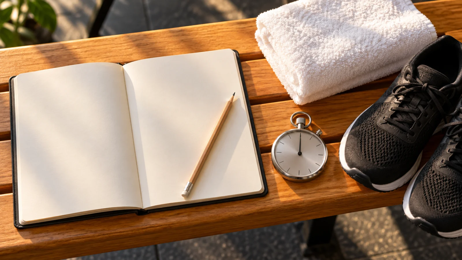 Open blank notebook and stopwatch beside walking shoes