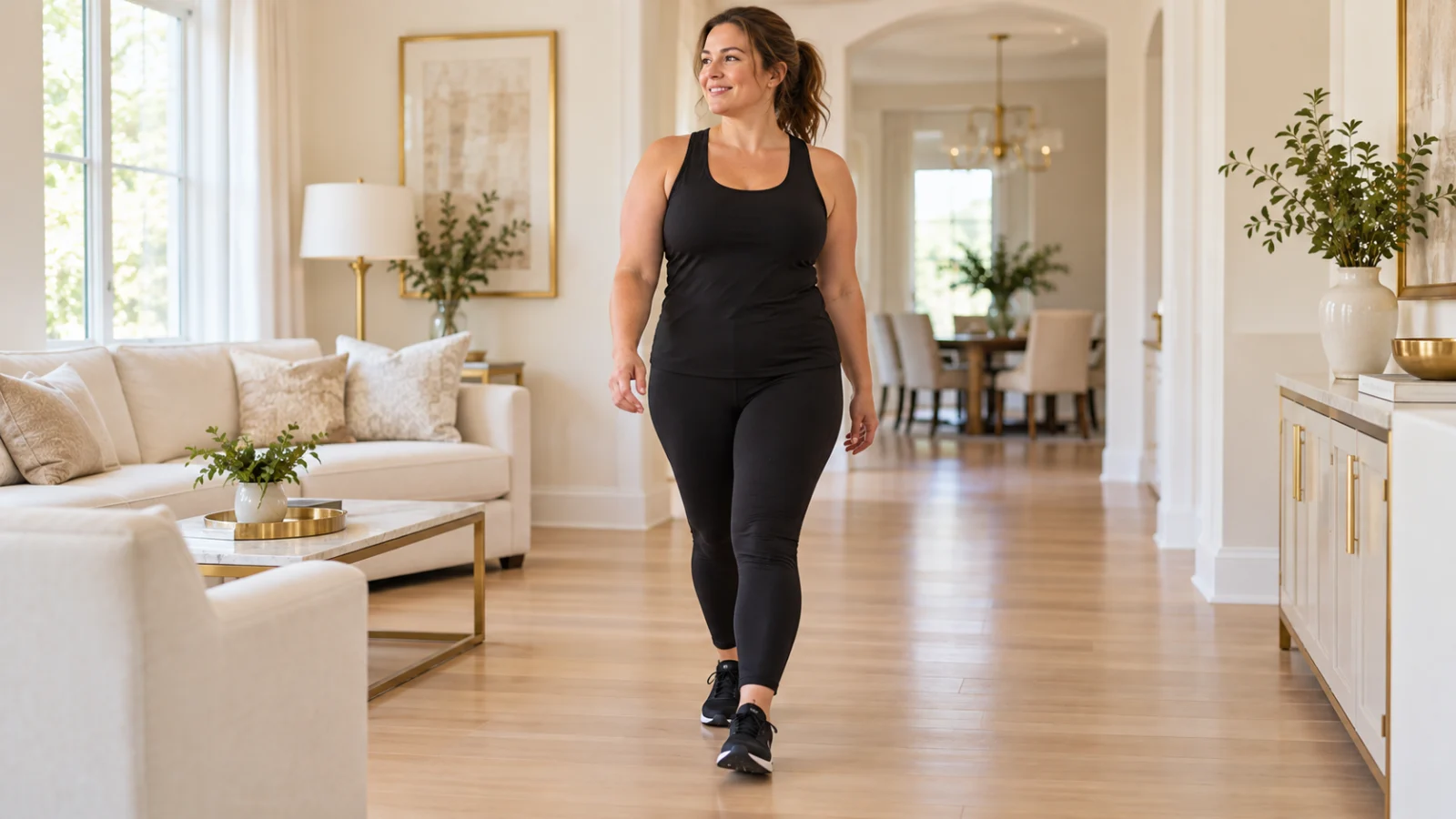 Woman walking through an uncluttered indoor space
