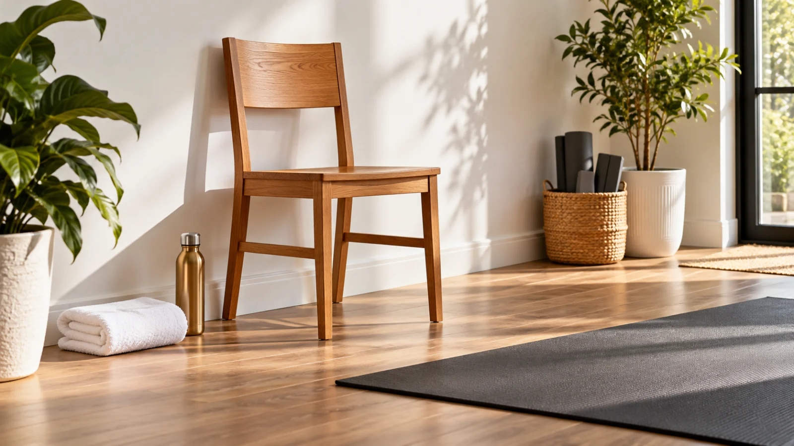 Stable armless wooden chair beside a clear floor area