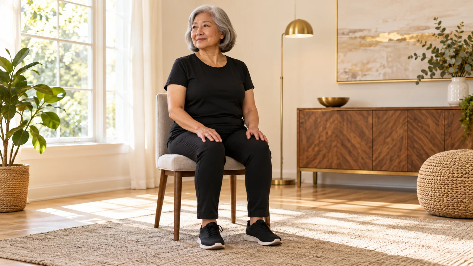 Older woman seated upright with feet resting on the floor