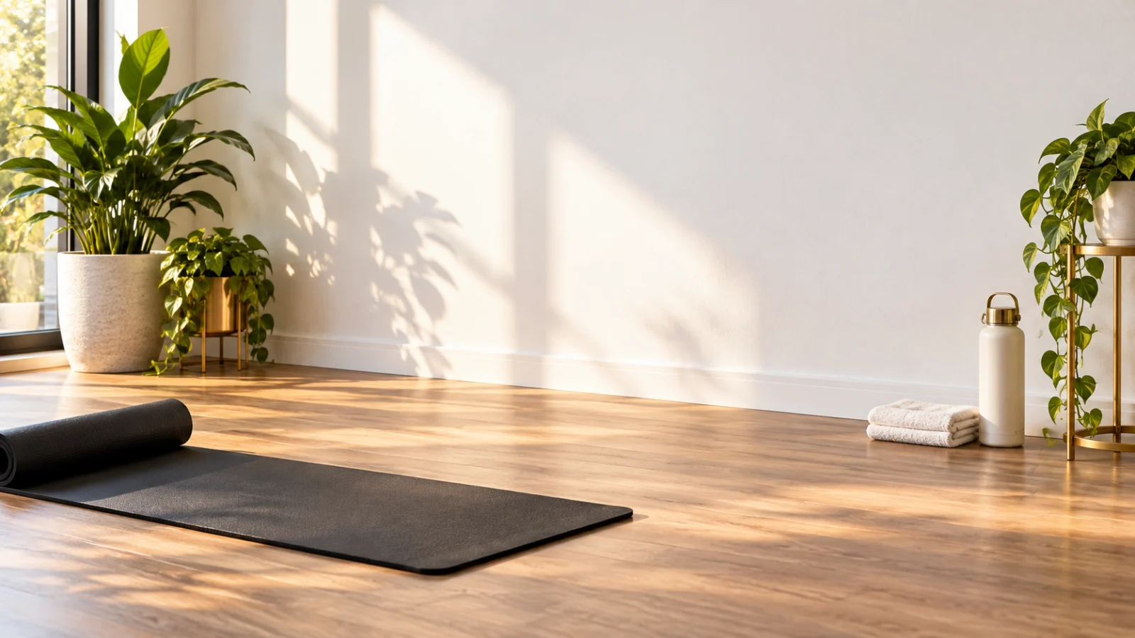 Clear solid wall and floor space with towel and water bottle to the side