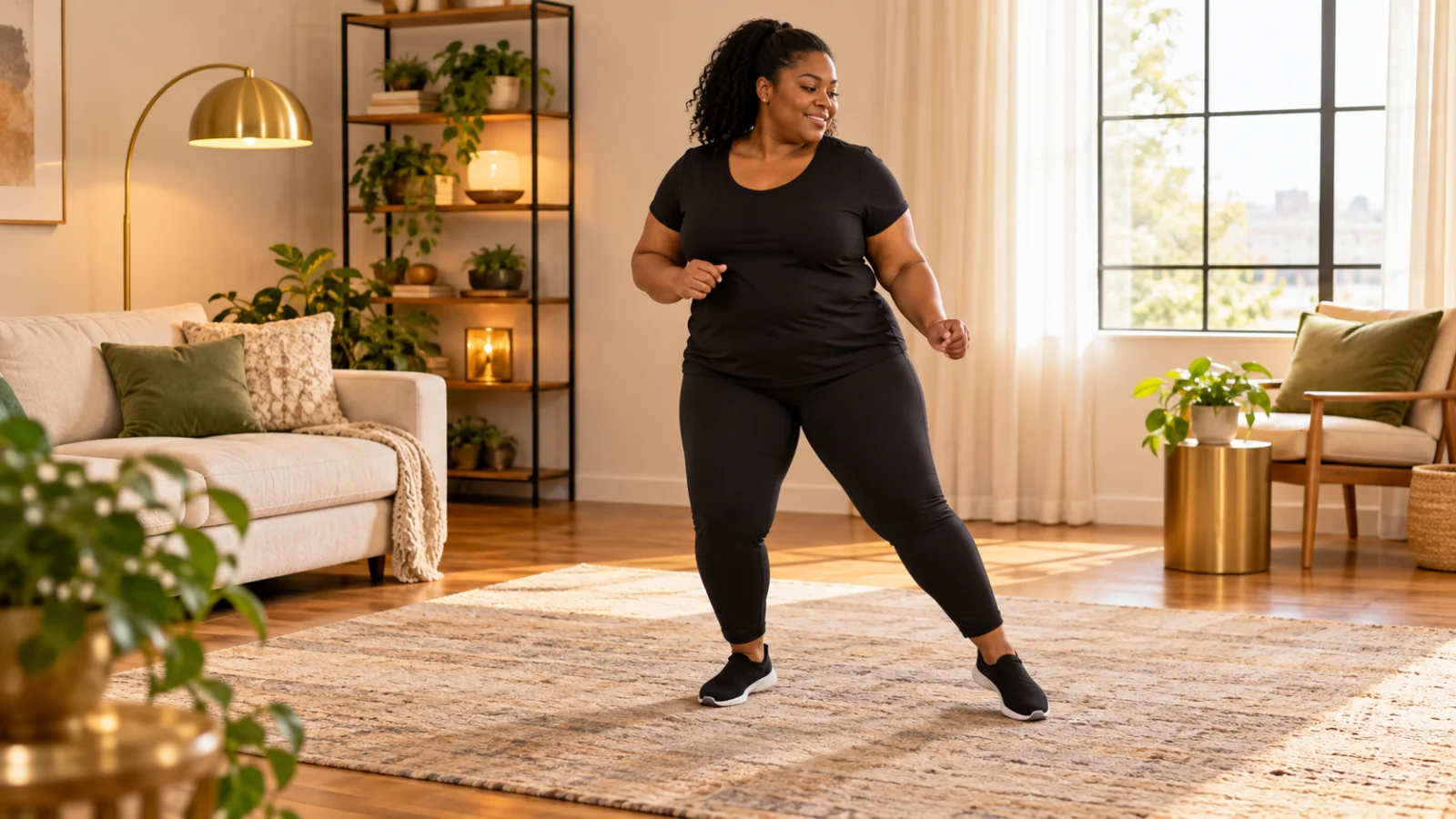 Woman taking a small side step in a home exercise space