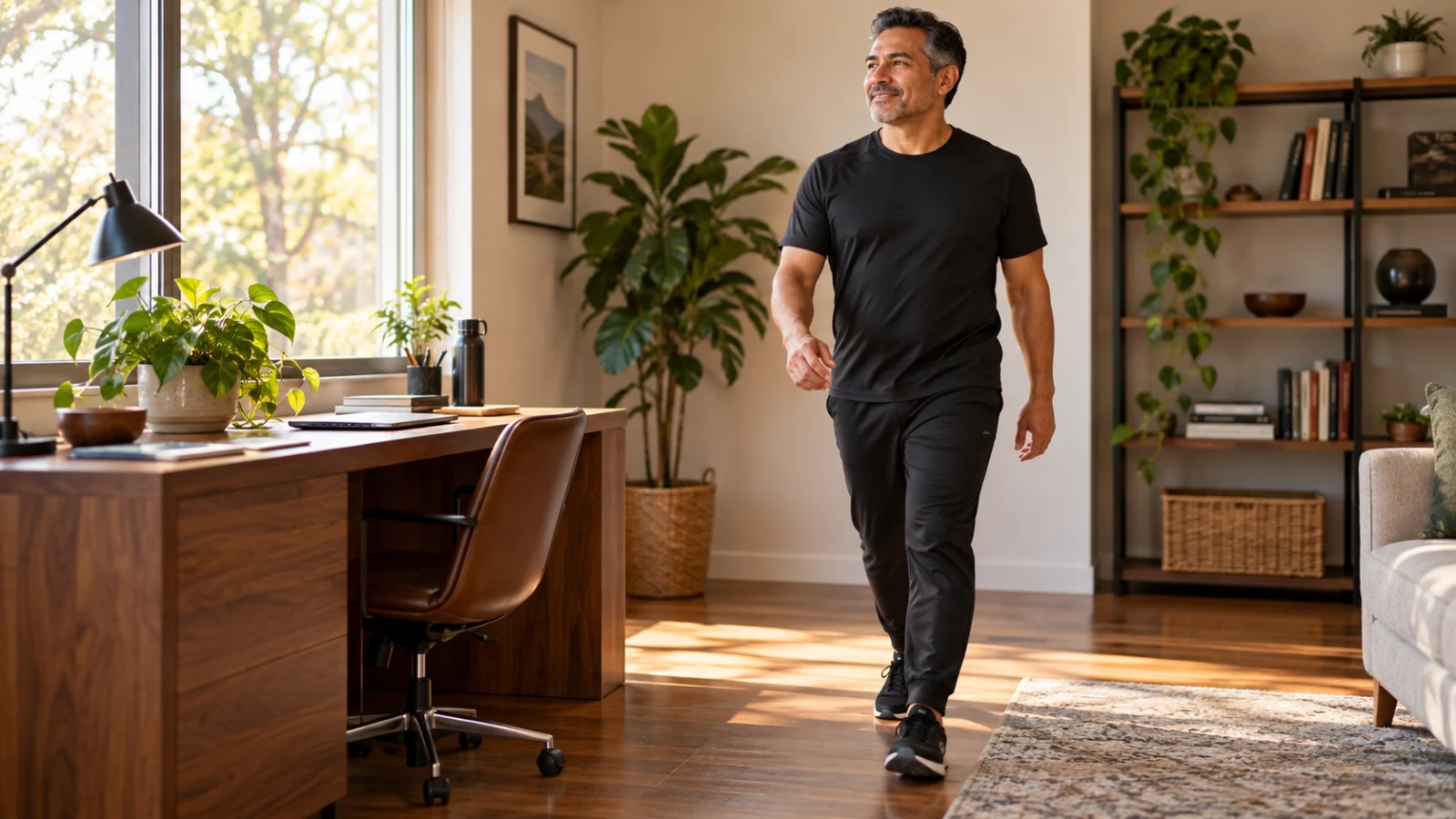 Man taking a walking break beside a home desk