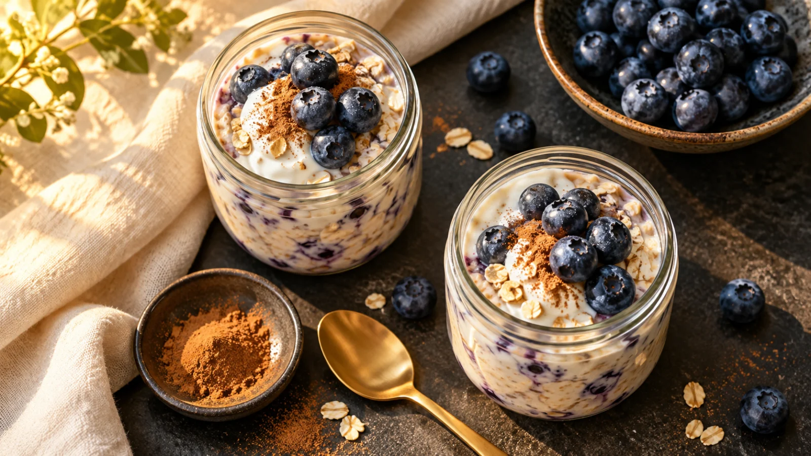 Two jars of blueberry oats and yogurt with cinnamon