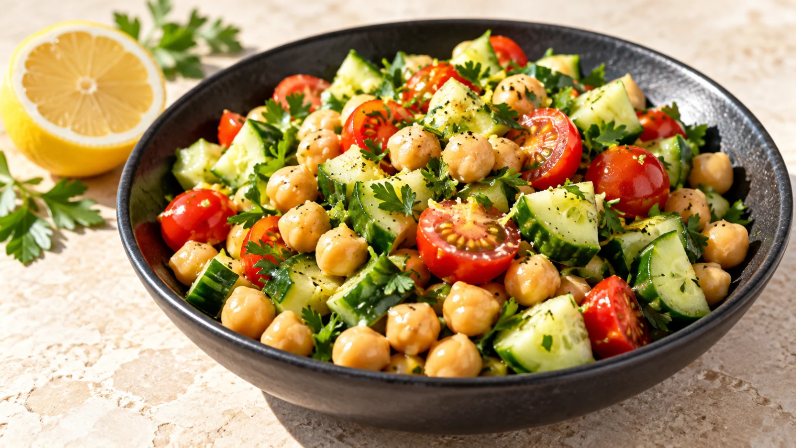Chickpea salad with cucumber, tomato and parsley
