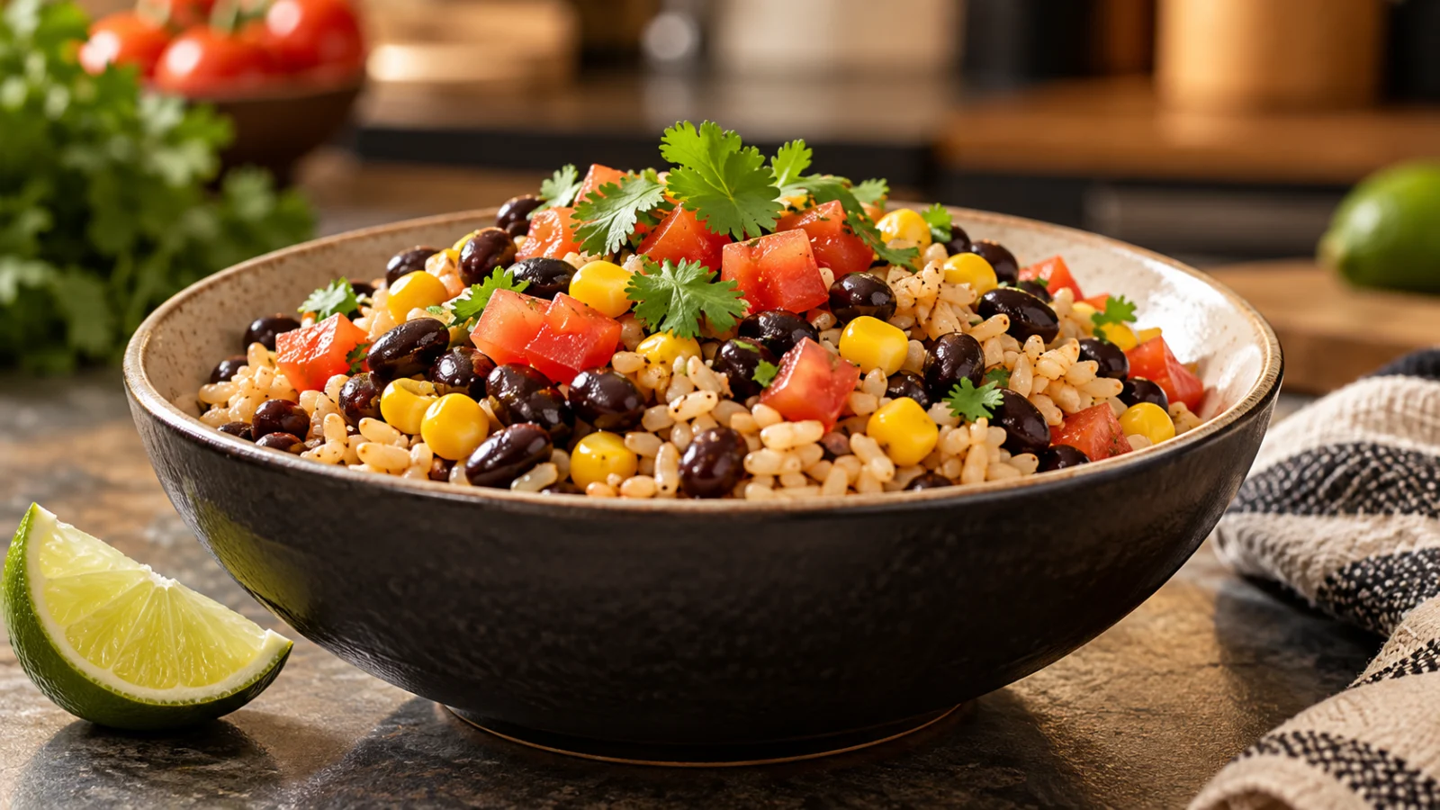 Brown rice bowl with black beans, corn and tomato