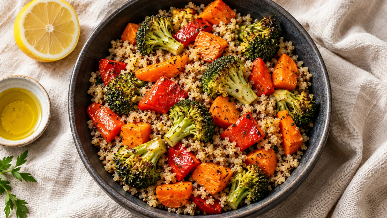 Quinoa with roasted carrots, peppers and broccoli