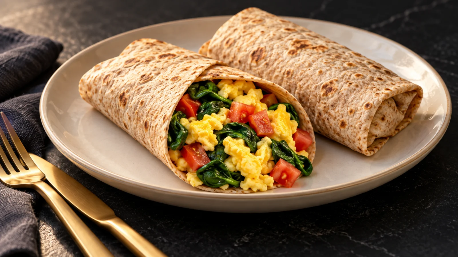 Whole-wheat wraps filled with cooked eggs, spinach and tomato