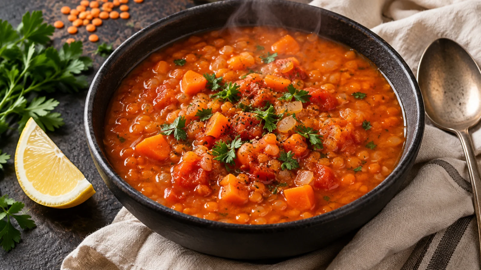 Bowl of red lentil, tomato and carrot soup with a lemon wedge