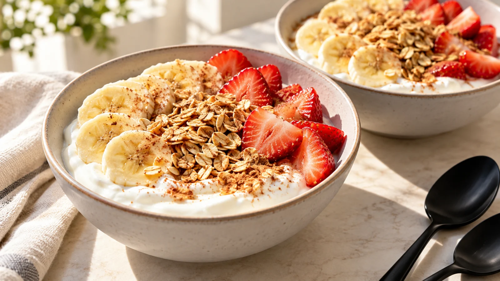 Yogurt bowls topped with banana, strawberries and toasted oats