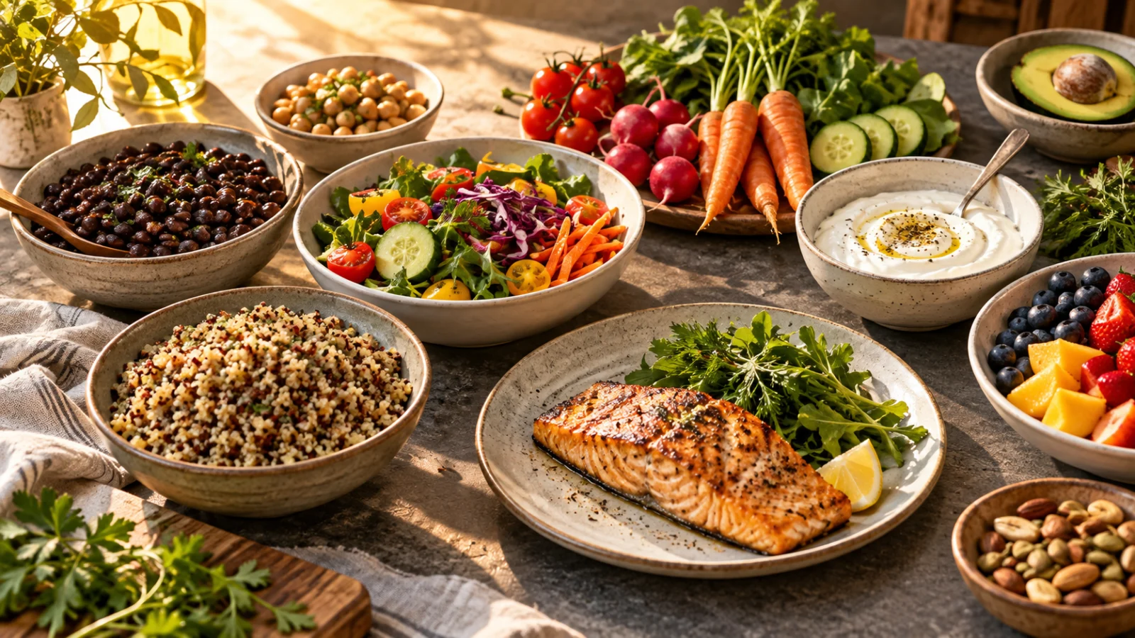 Varied foods including beans, grains, vegetables, fruit and cooked fish