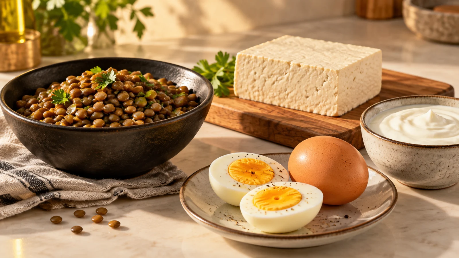 Lentils, tofu, cooked eggs and plain yogurt arranged on a table