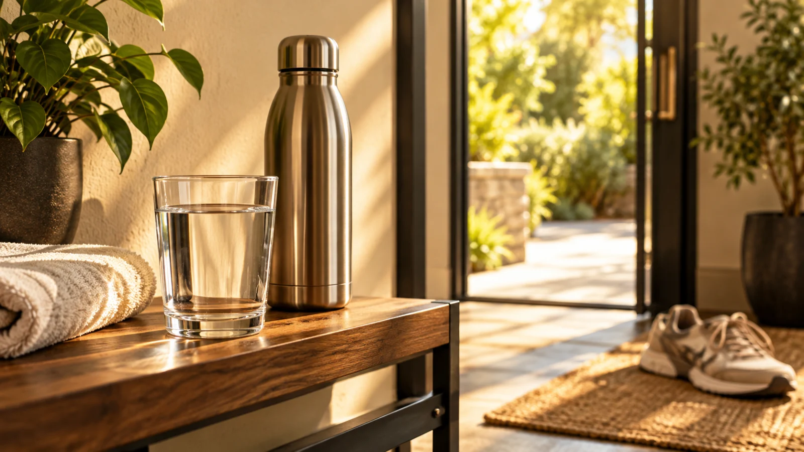 Glass of water and plain bottle near a doorway