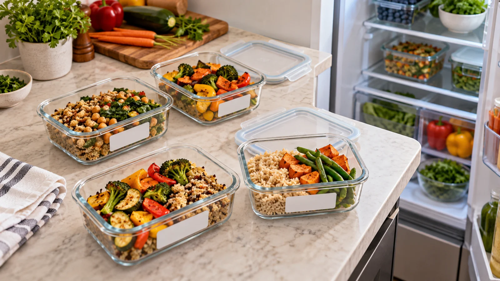 Shallow food containers beside an open refrigerator