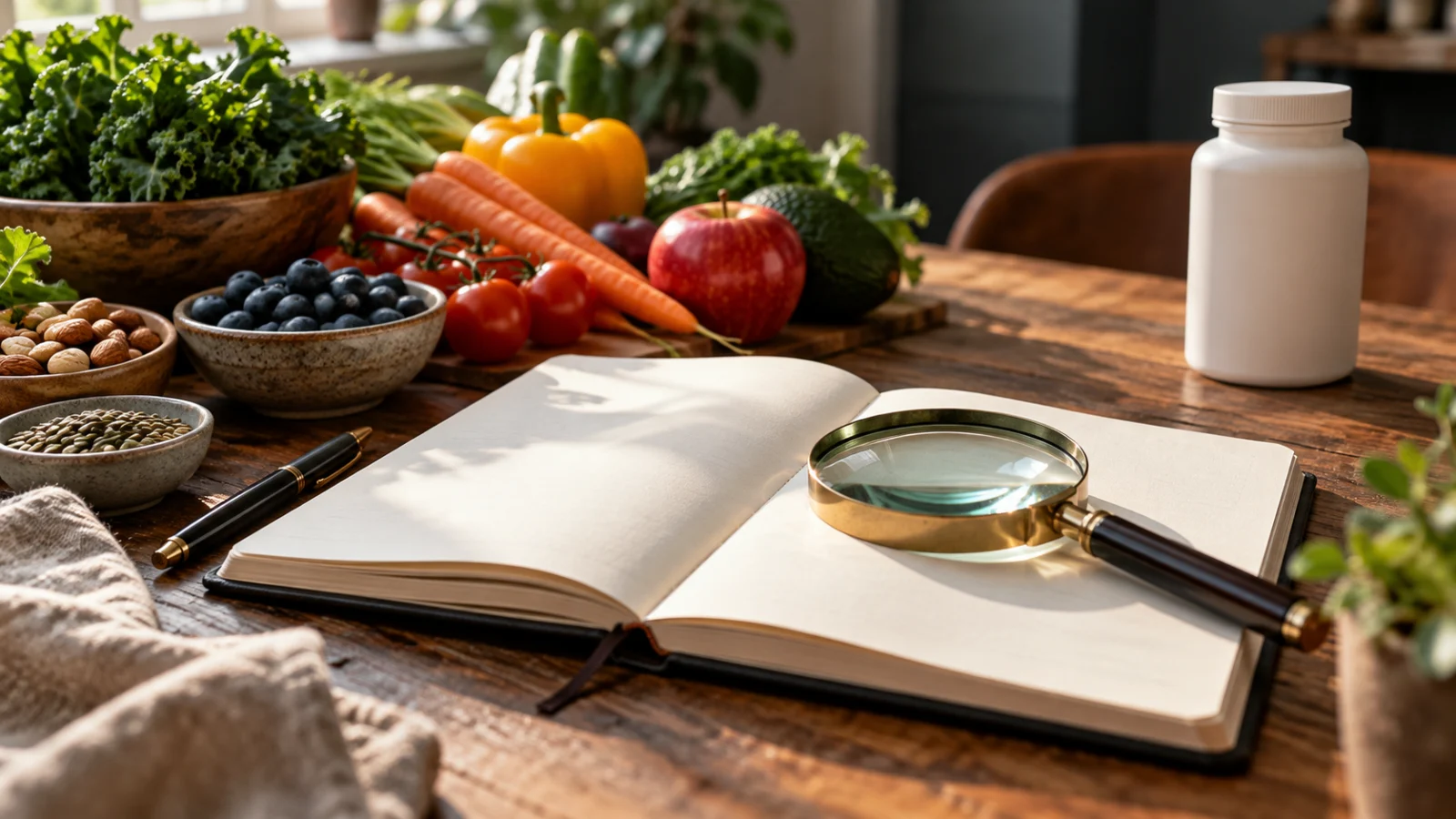 Blank notebook and magnifying glass with an unbranded bottle set aside
