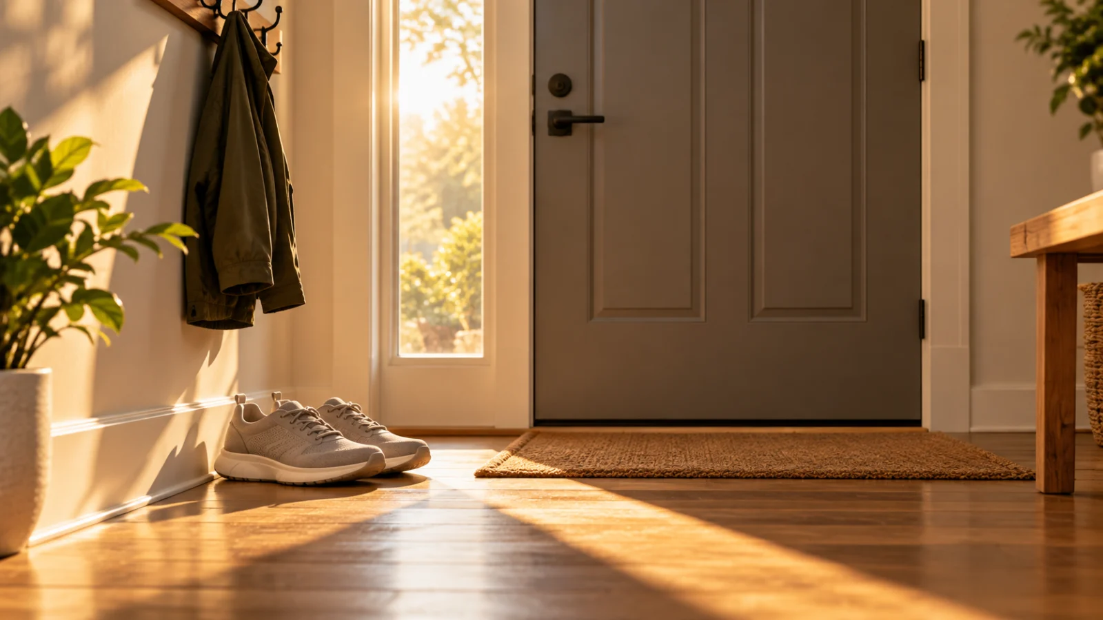 Walking shoes placed beside a clear doorway