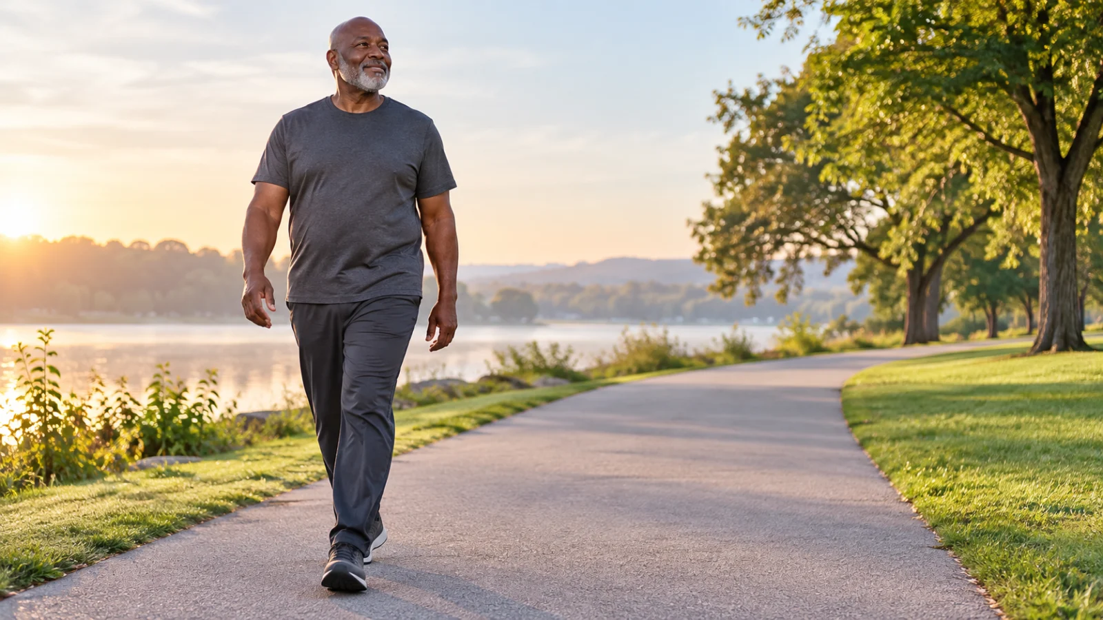 Older man walking at an easy pace along a park path