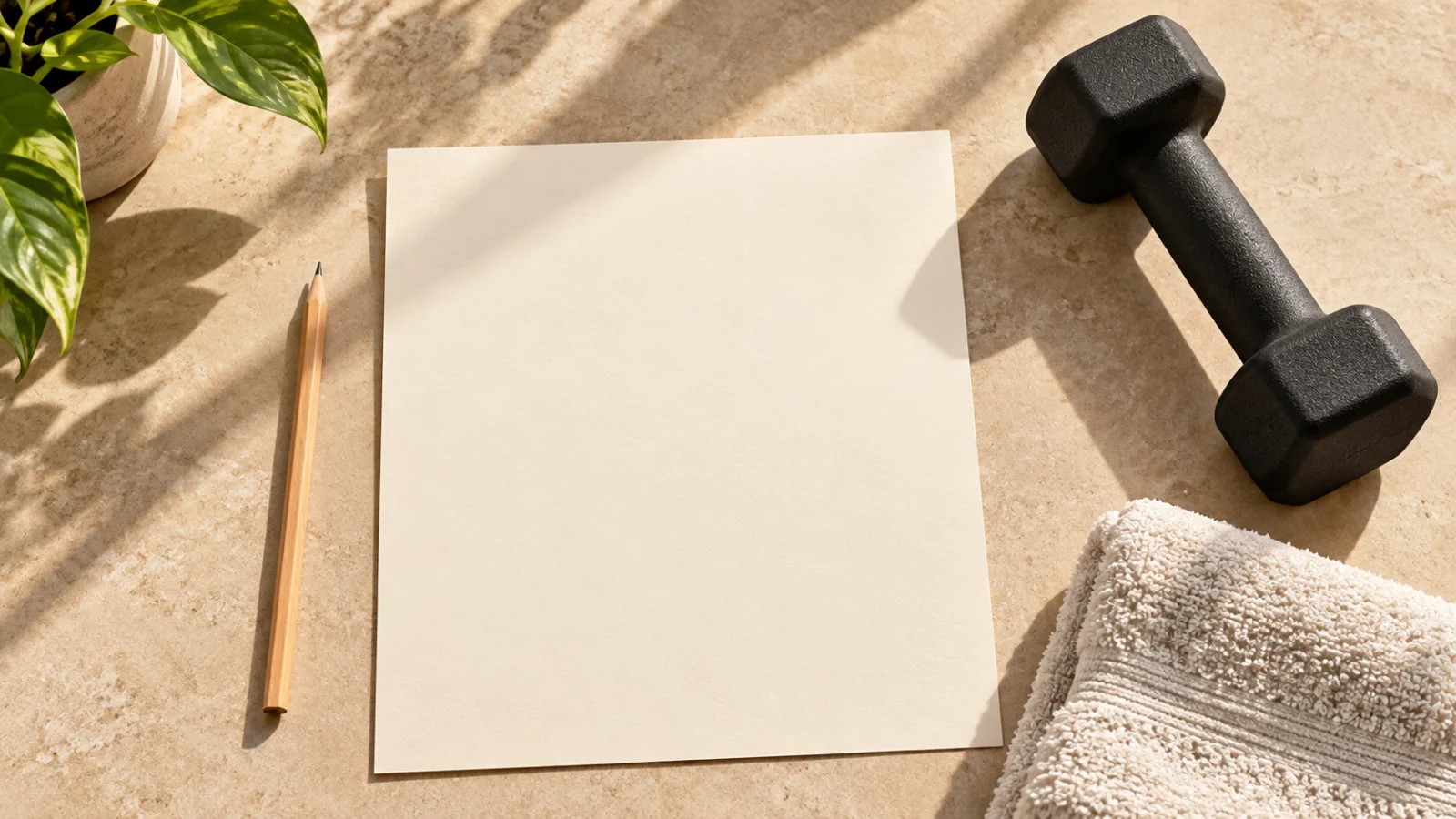 Blank planning paper with a pencil, towel and small dumbbell