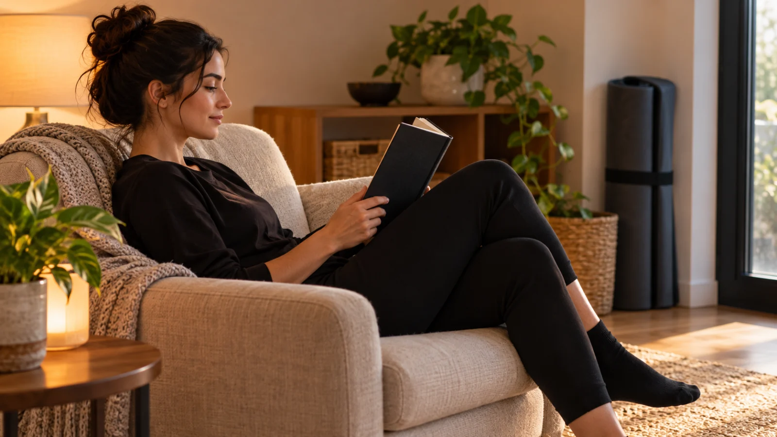 Person resting in an armchair with a book