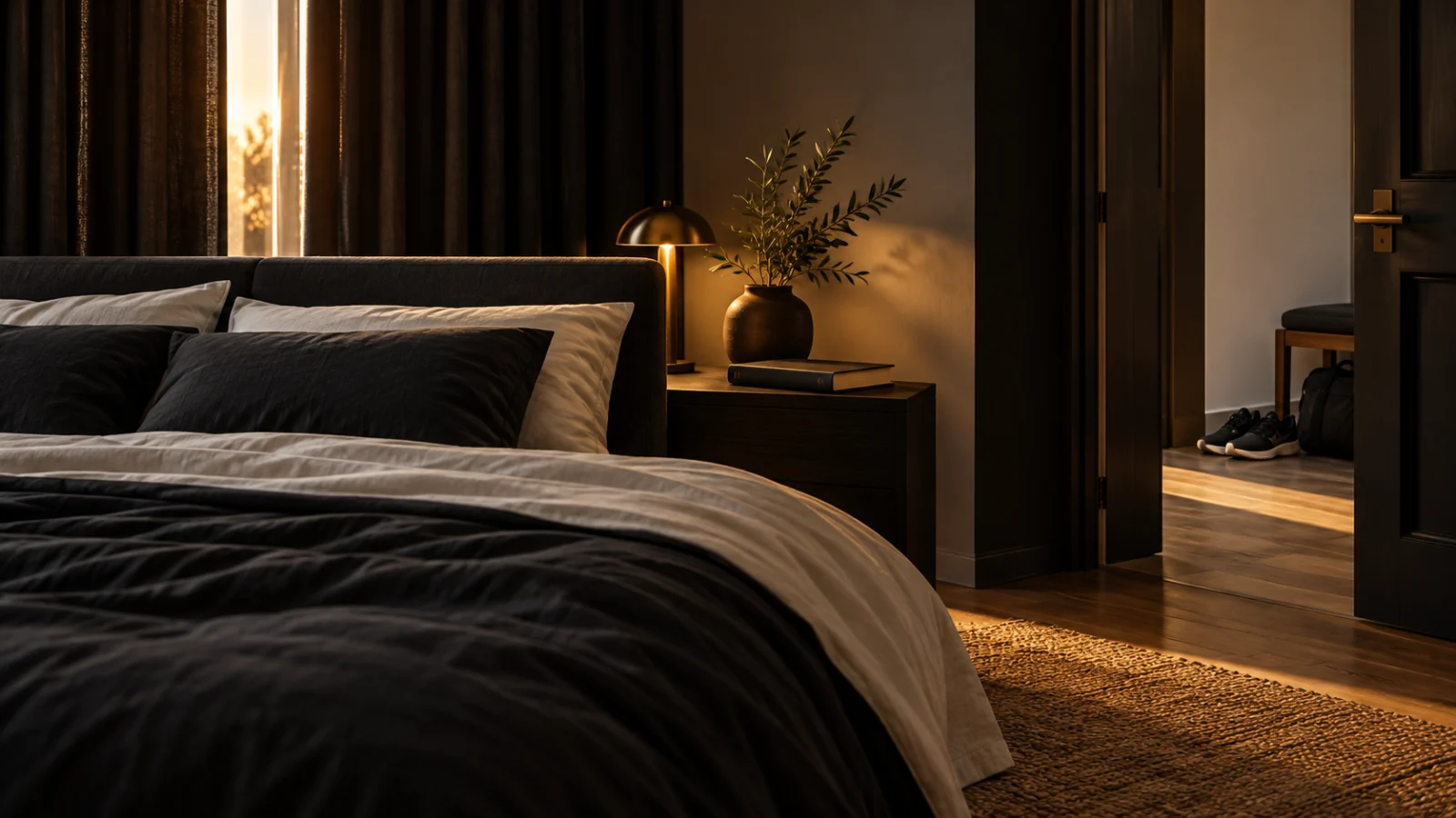Quiet bedroom with dark curtains and soft light