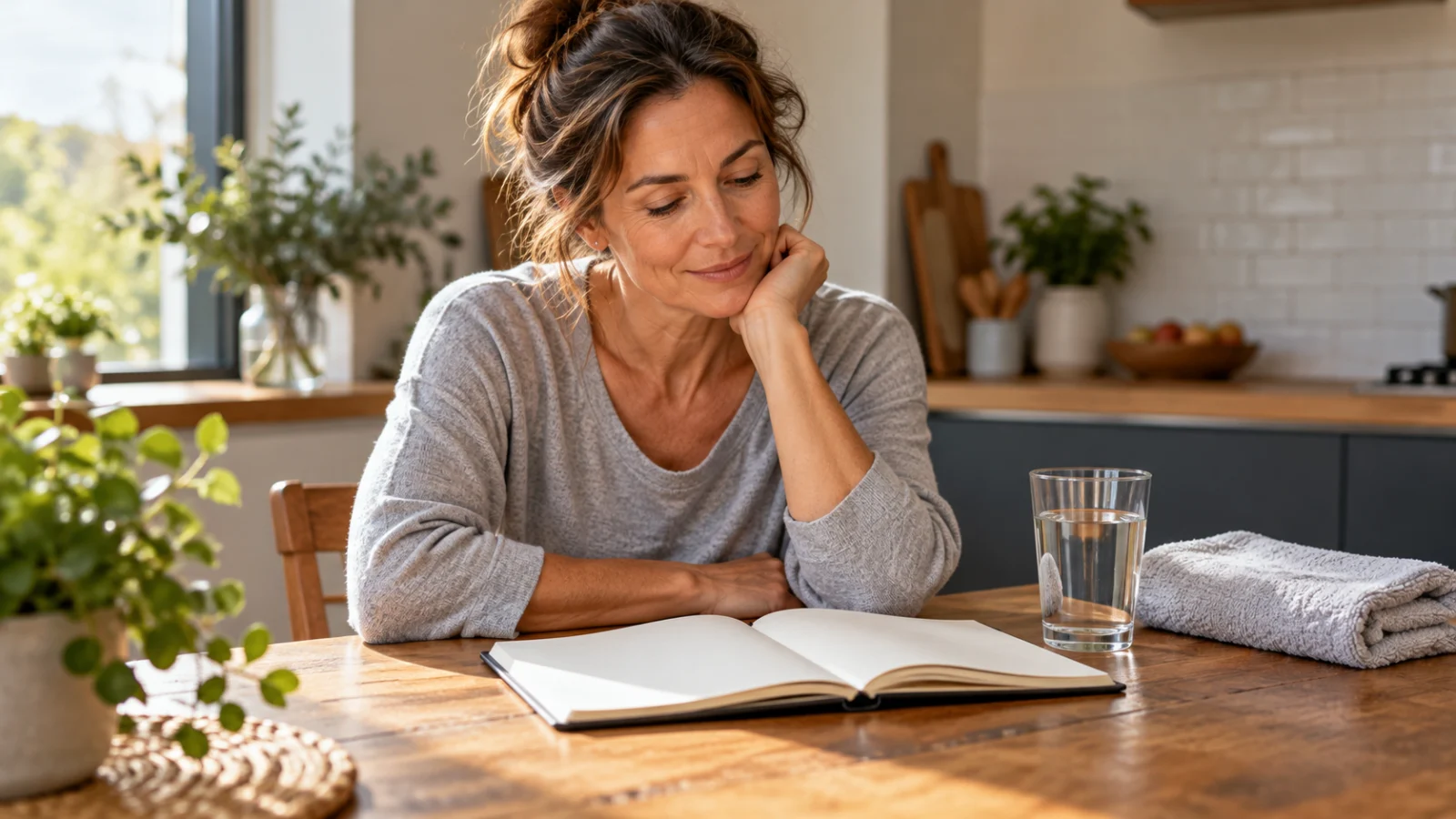 Woman reviewing a blank notebook beside a glass of water