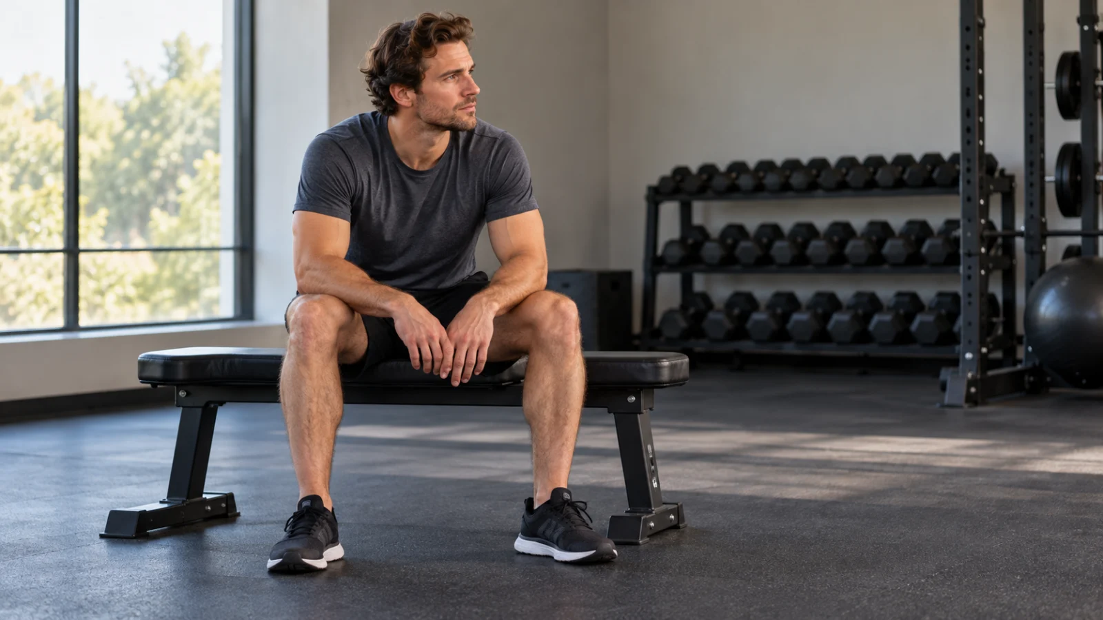 Man seated on a stable bench after stopping an exercise session