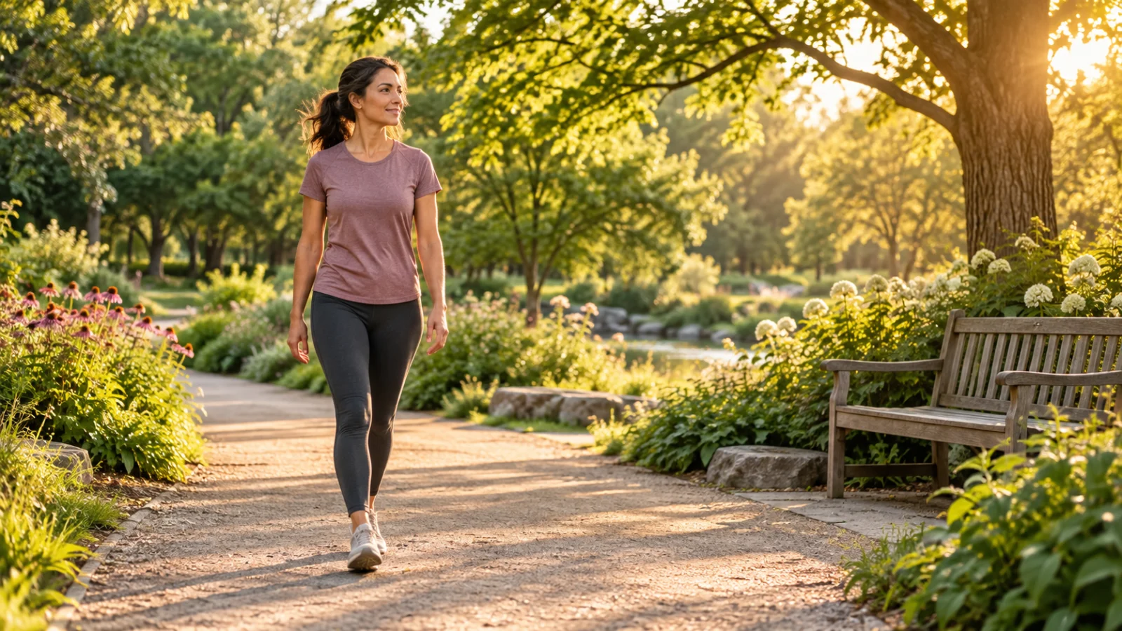 Woman taking a quiet walk in a garden
