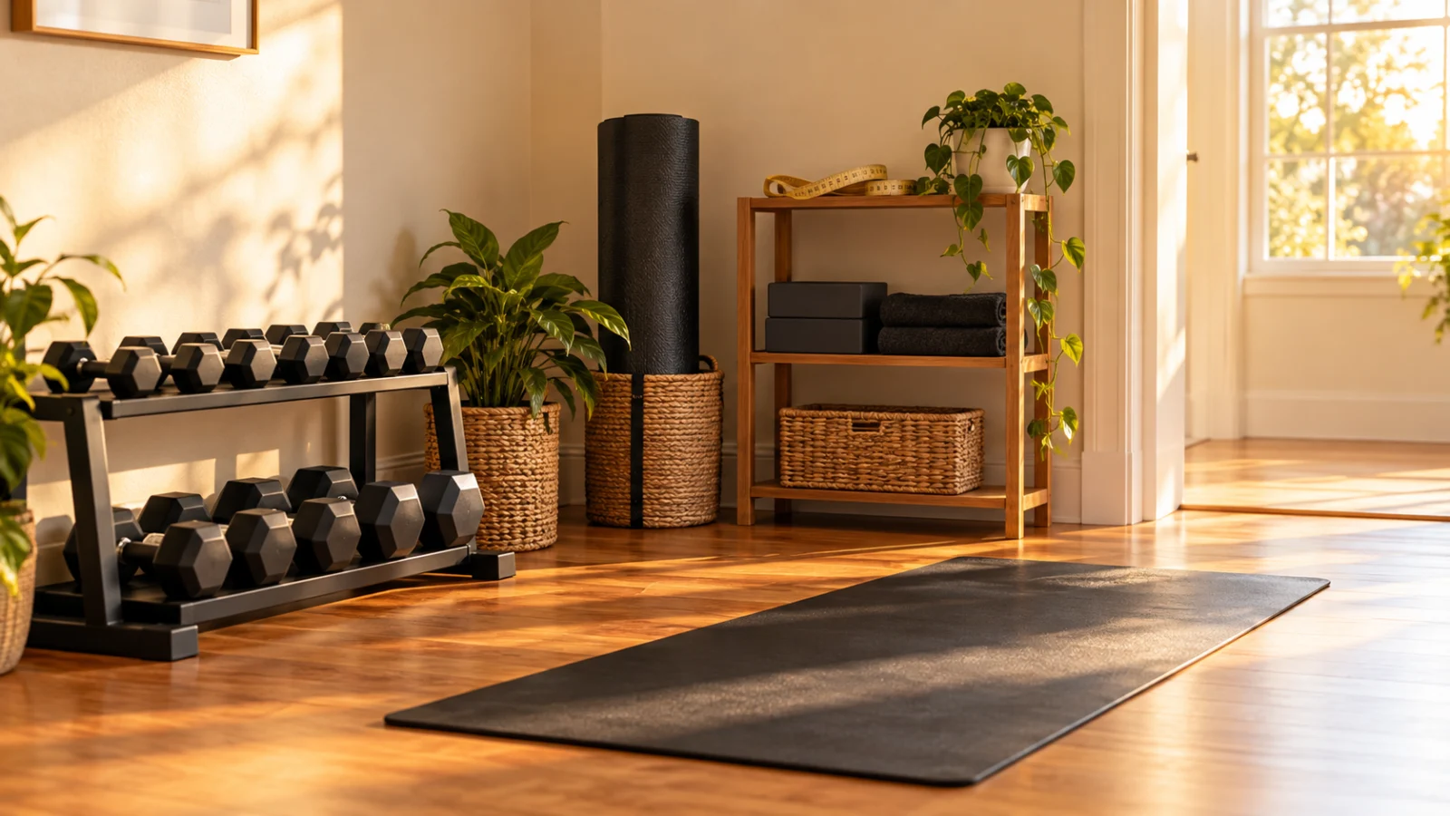 Compact home fitness corner with safely stored equipment and clear floor