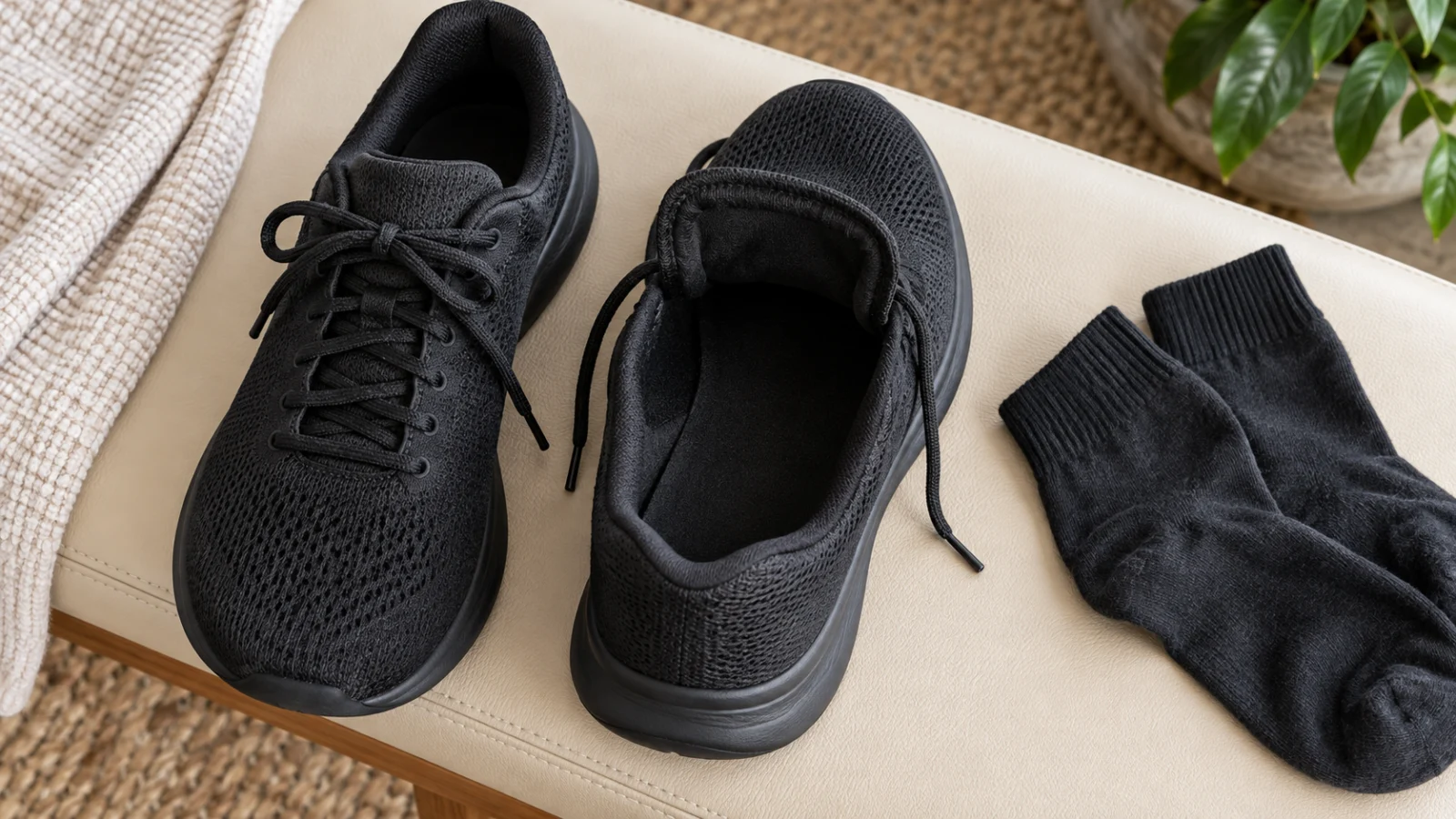 Plain athletic shoes with socks on a bench