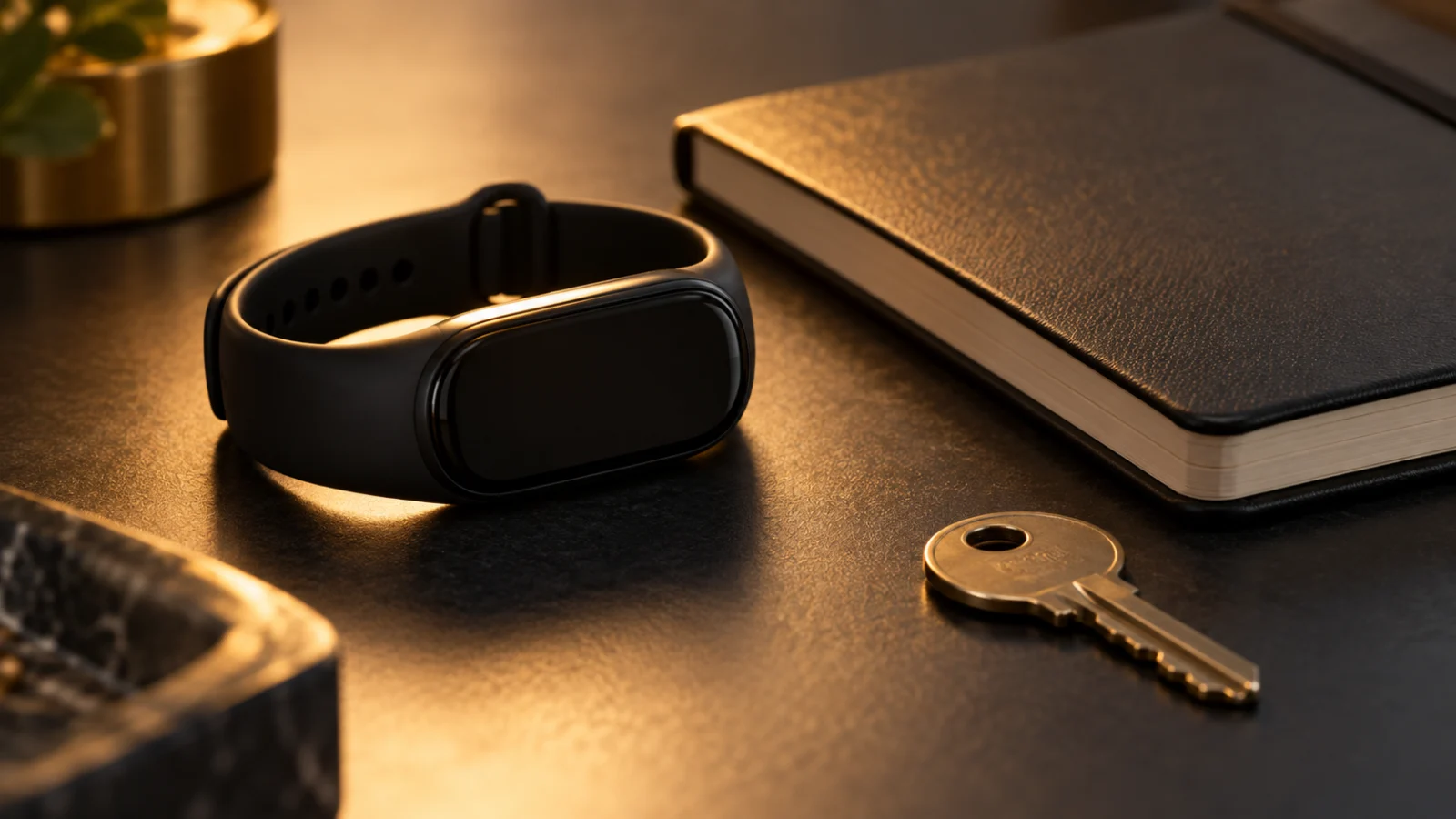 Wearable device with blank screen beside a notebook and key