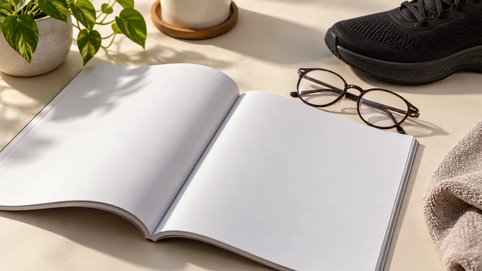 Open blank magazine beside reading glasses and a training shoe