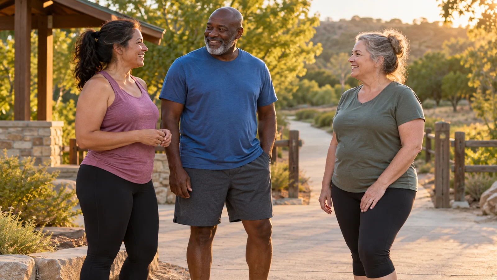 Three adults talking before a comfortable community walk