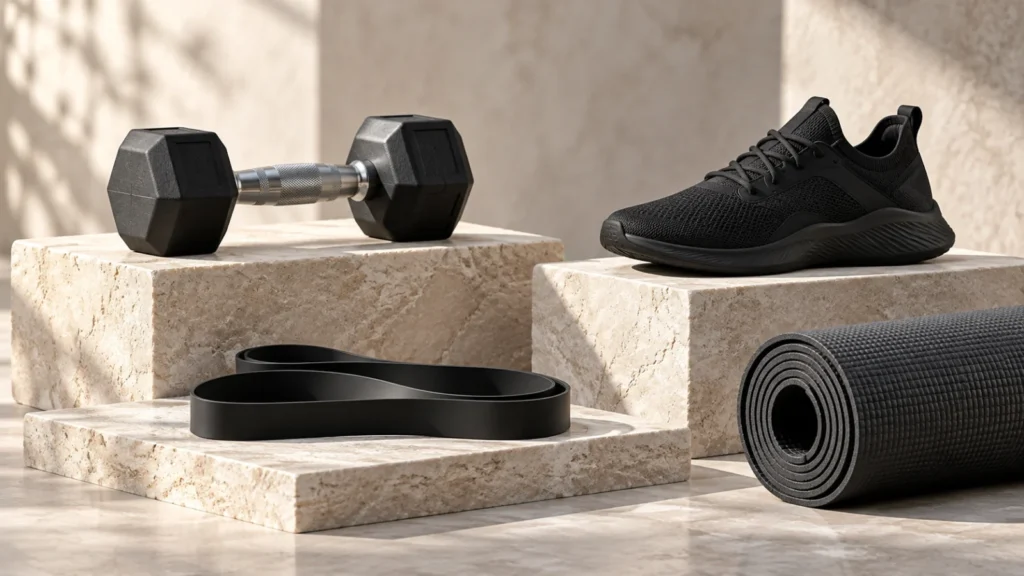 Plain dumbbell, shoe, resistance band and mat on stone plinths