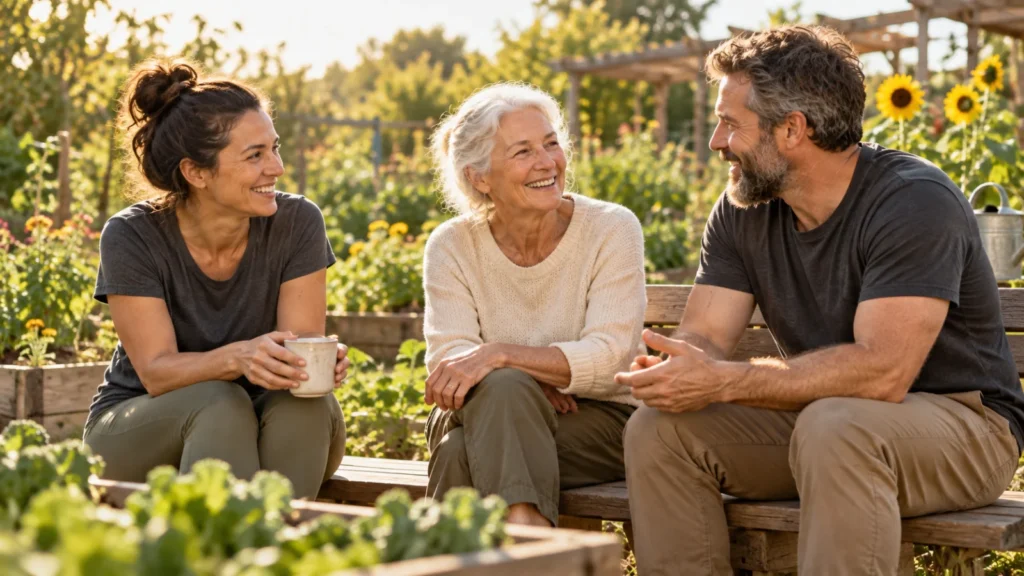 Three adults talking comfortably beside a garden bench