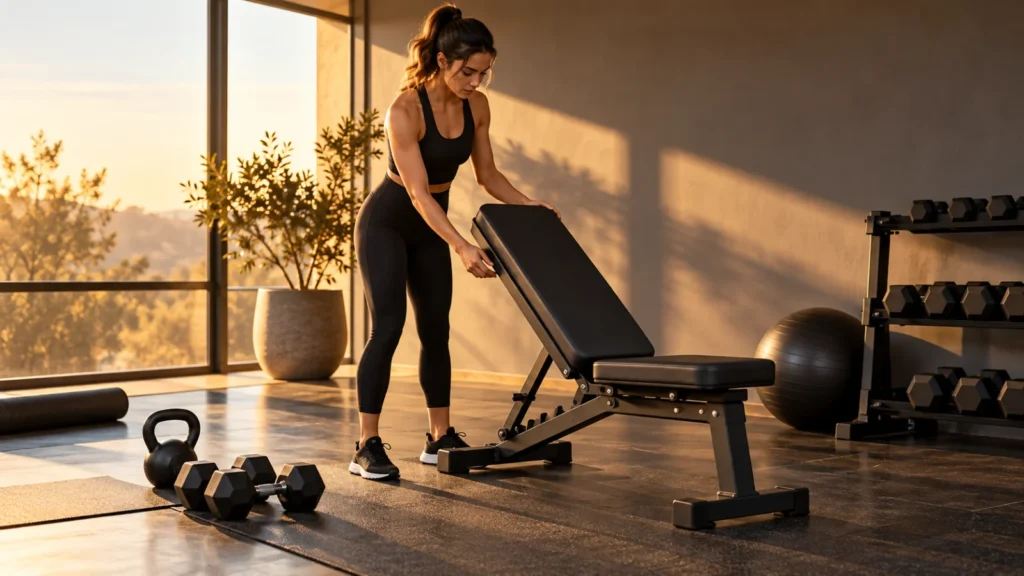 Woman preparing a modest exercise bench in a clear room