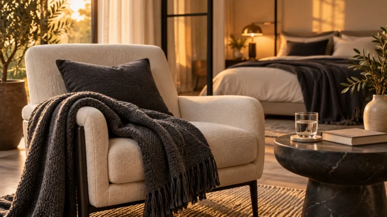 Comfortable chair, blanket, book and water in a quiet room