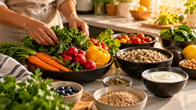 Hands arranging fresh vegetables beside grains and yogurt