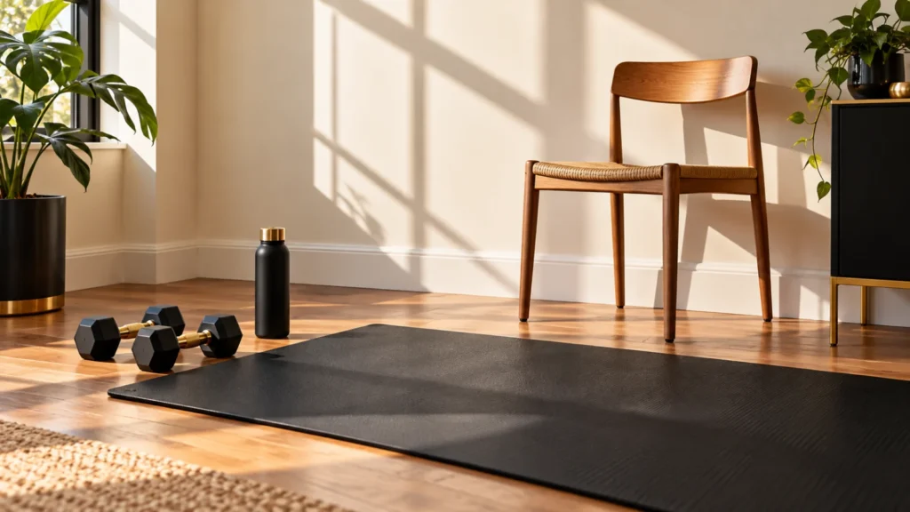 Stable chair, small weights and mat in a compact home space