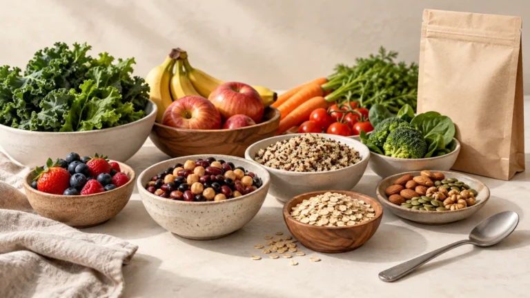 Varied ordinary foods arranged in simple bowls