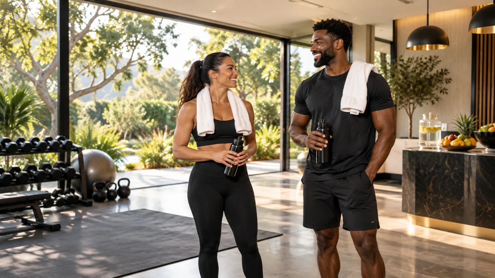 Two adults in a bright fitness space with water bottles and safely stored equipment