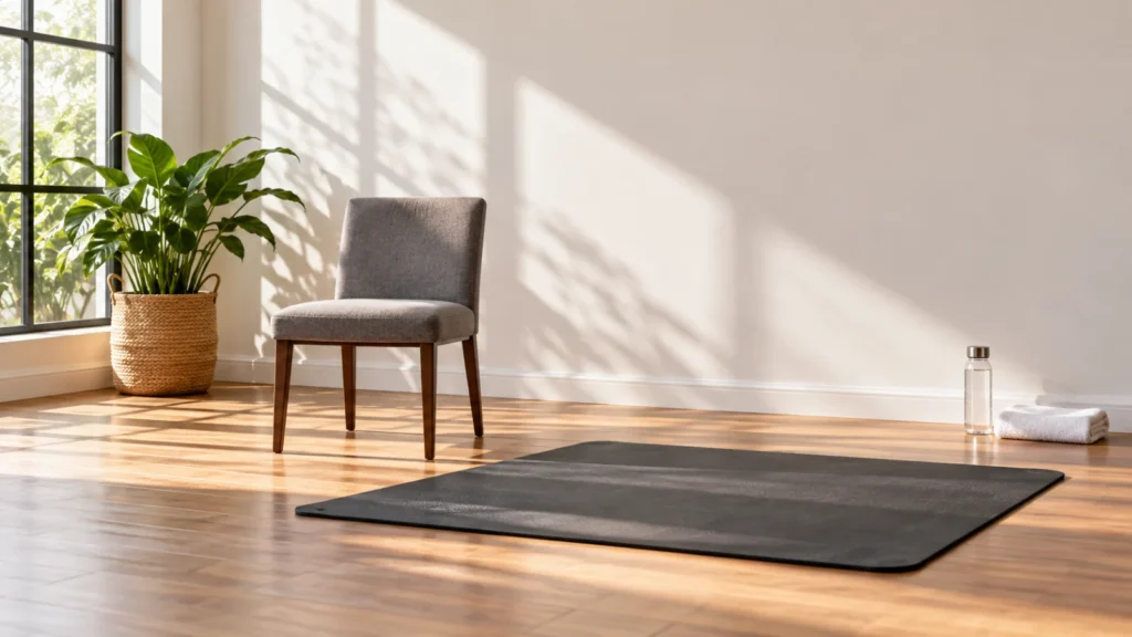 Stable armless chair and clear solid wall in a bright room