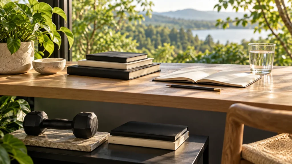 Plain notebooks, water and a small dumbbell arranged for self-directed learning